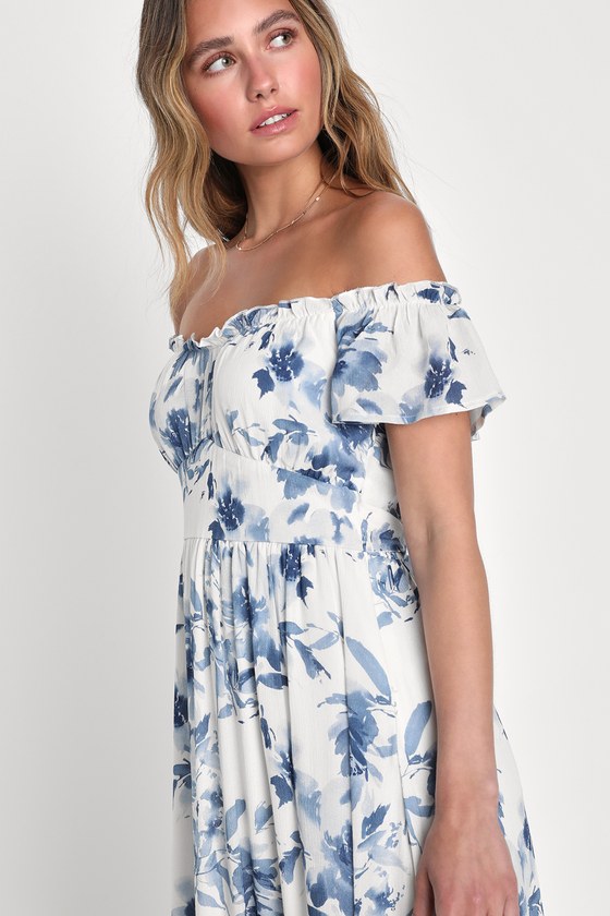 White Floral Print Dress - Off-the-Shoulder Dress - White Midi - Lulus