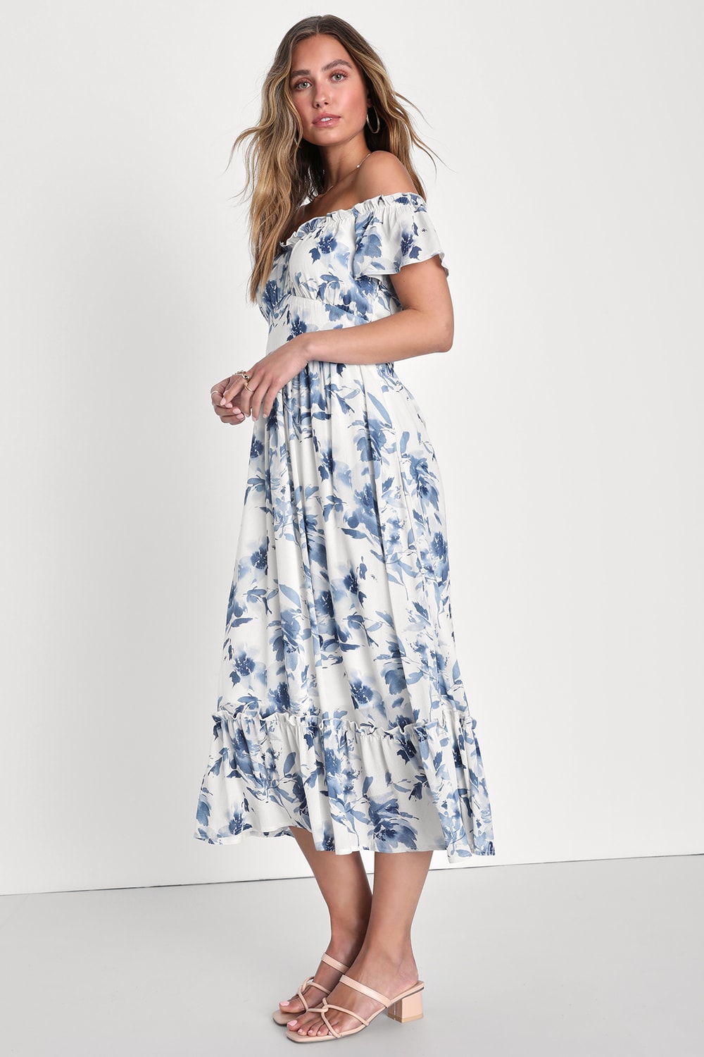 Delightfully Sweet White Floral Off-the-Shoulder Midi Dress
