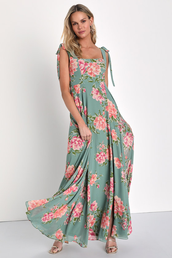 Lulus Passionate Forever Sage Green Floral Print Bow Strap Maxi Dress