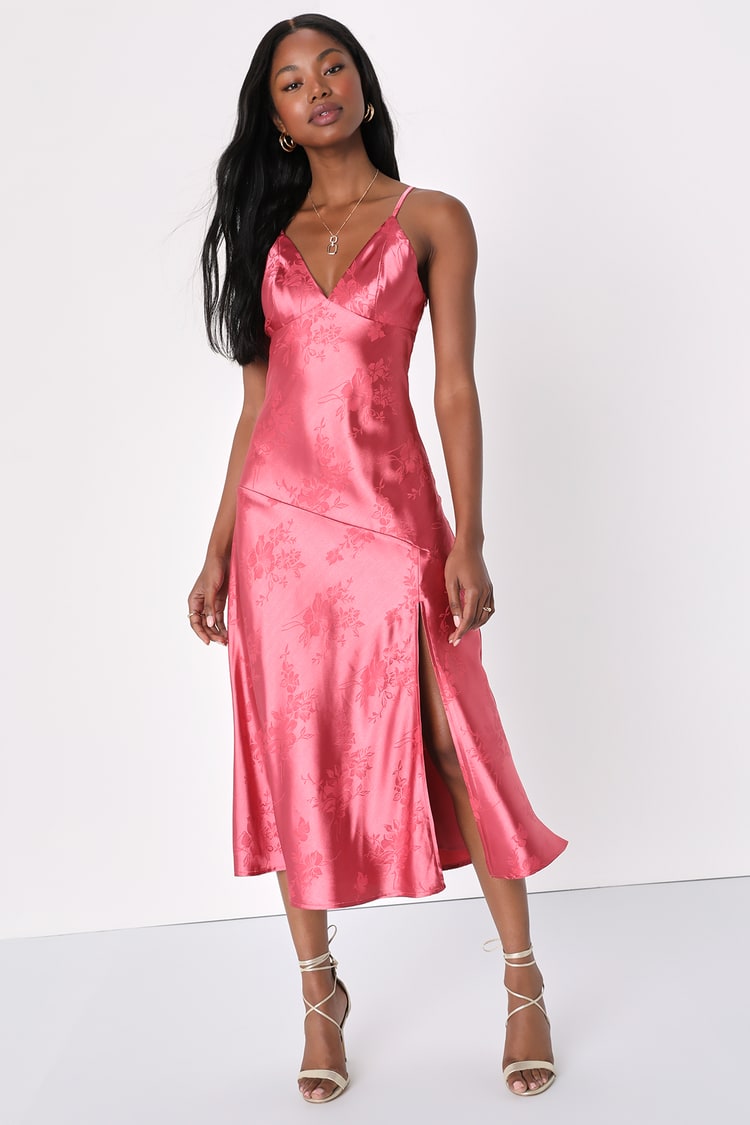 Idyllic Passion Pink Satin Floral Jacquard Midi Slip Dress