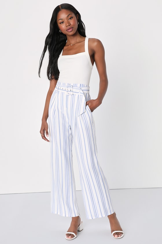 Lulus Sailboat Sweetie White And Blue Striped Wide Leg Pants