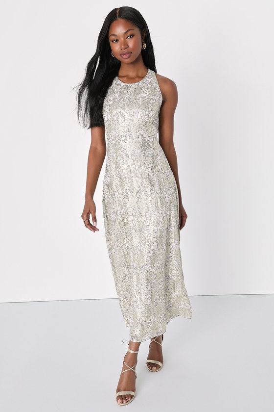 Lulus Romantic Charm White And Gold Floral Print Tie-back Midi Dress
