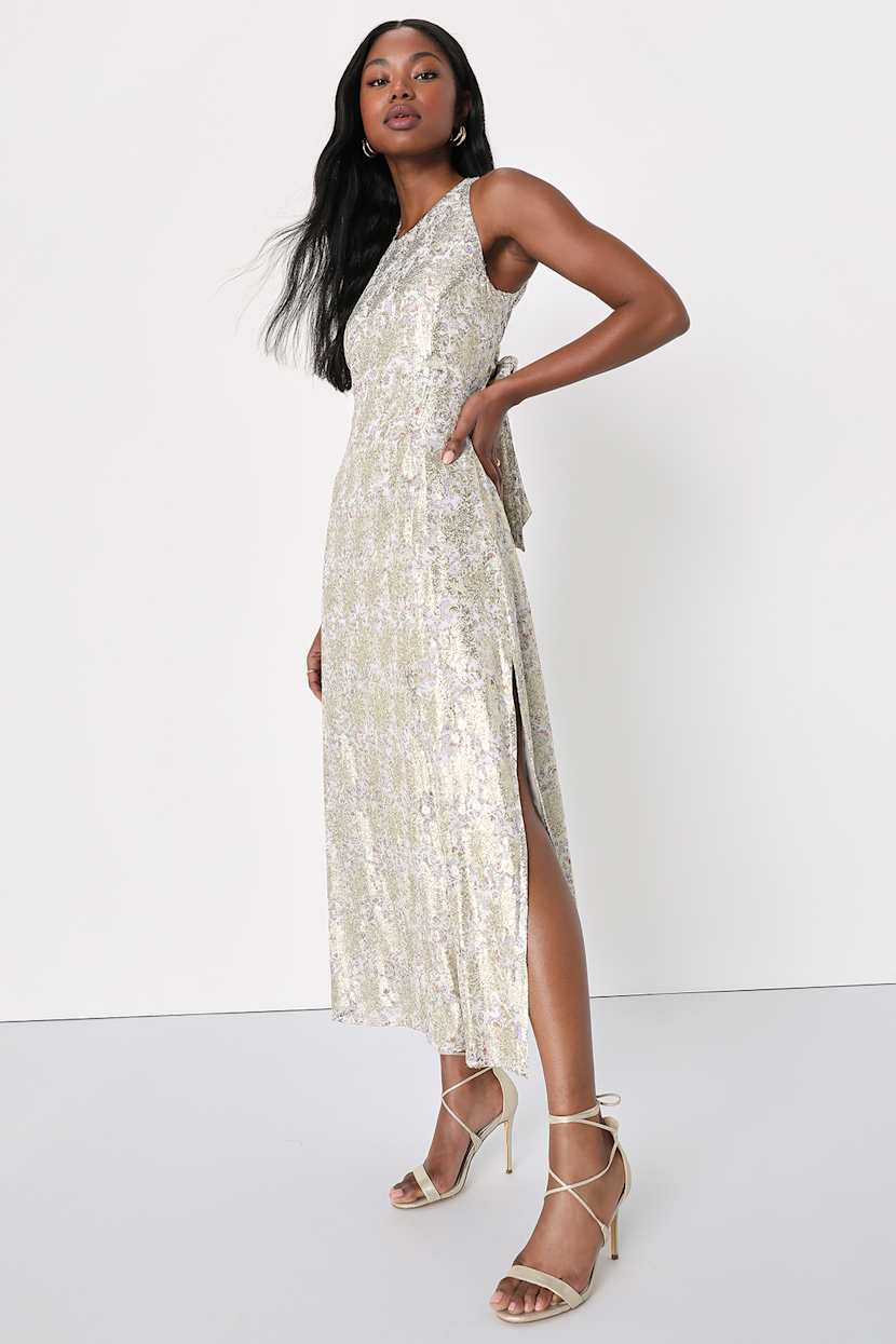 White and Gold Dress - Floral Print Midi Dress - Tie-Back Dress - Lulus