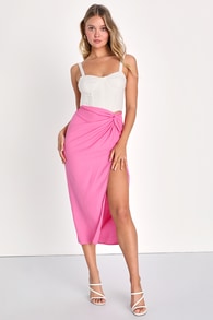 Ideal Confidence Pink Cotton Knot Front Midi Skirt