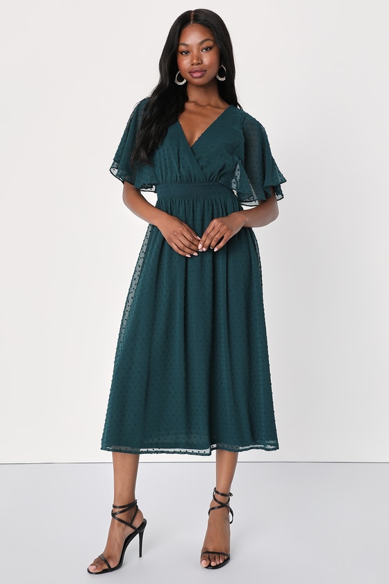 Lulus Transcendent Class Emerald Swiss Dot Flutter Sleeve Midi Dress In Green