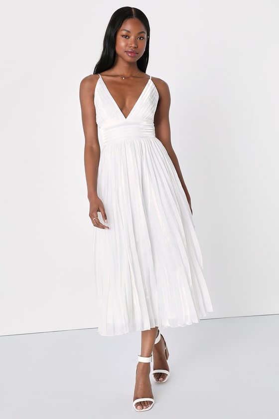 Lulus Romantic Aesthetic Shiny White Pleated Midi Dress