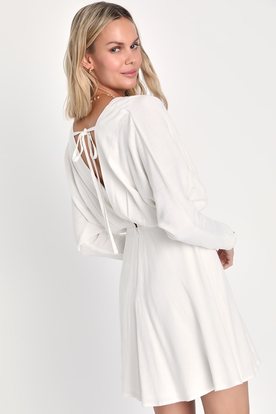 White Linen Mini Dress - Dolman Sleeve Dress - Long Sleeve Dress - Lulus