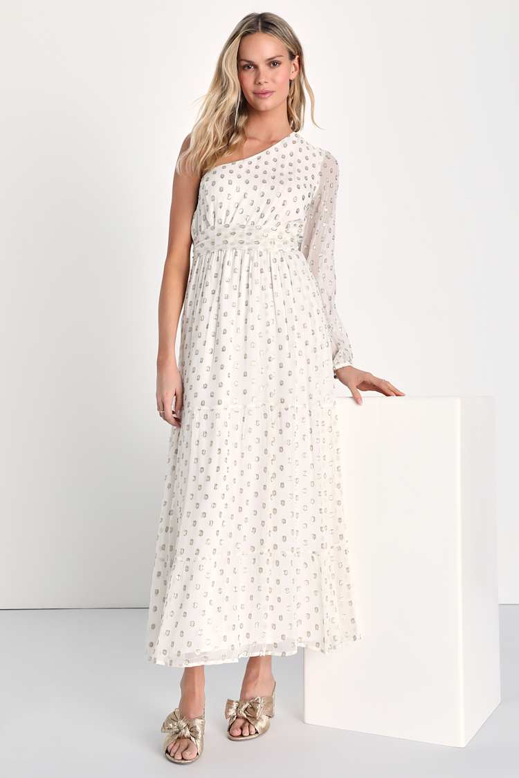 White and Gold Maxi Dress - One Shoulder Dress - Clip Dot Dress - Lulus