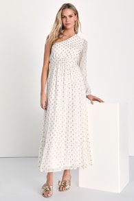 Radiant Energy White and Gold Clip Dot One Shoulder Maxi Dress
