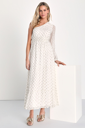 lulus white one shoulder dress White Midi Dress - Asymmetrical Dress - One-Shoulder Dress
