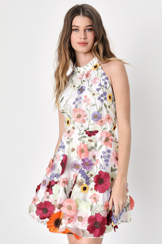 Ivory Floral Applique Dress - Halter Mini Dress - Floral Dress - Lulus