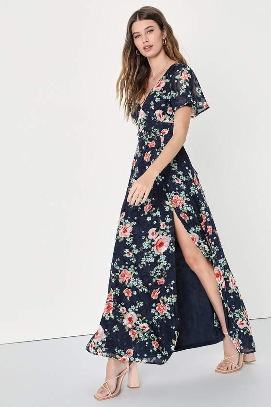 Lulus Spring Perfection Navy Blue Floral Jacquard Tie-back Maxi Dress