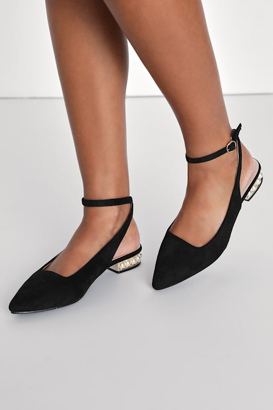 Black PointedToe Flats Ankle Strap Slingbacks Pearl Flats Lulus
