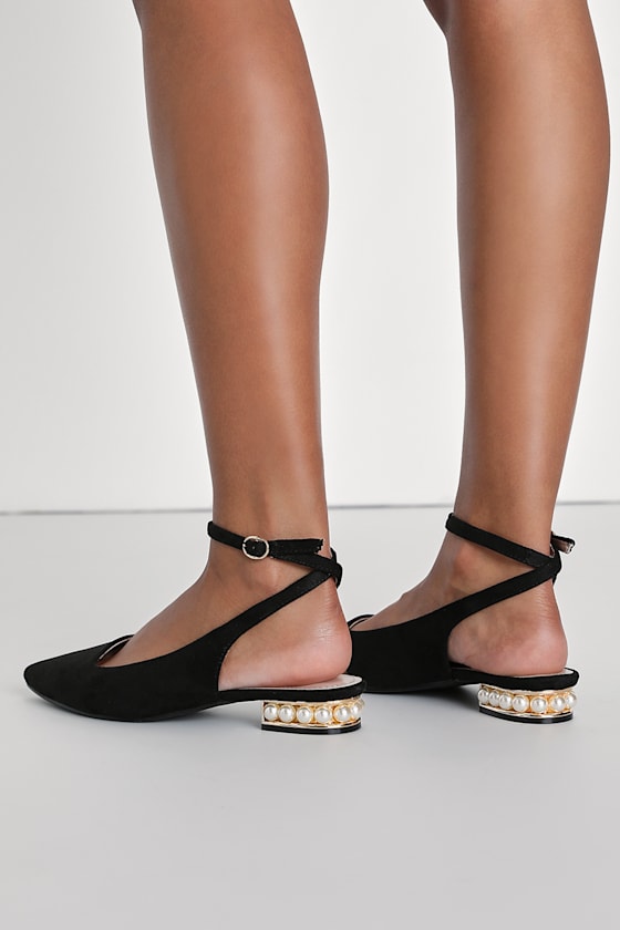 Flayna Black Suede Slingback Pearl Ankle Strap Flats 1