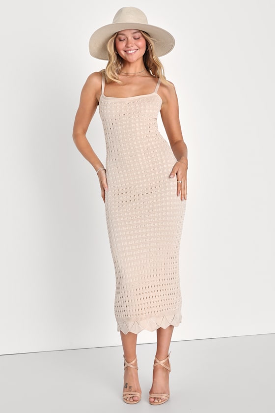Lulus Ventura Vision Beige Crochet Lace-up Midi Dress In Beige
