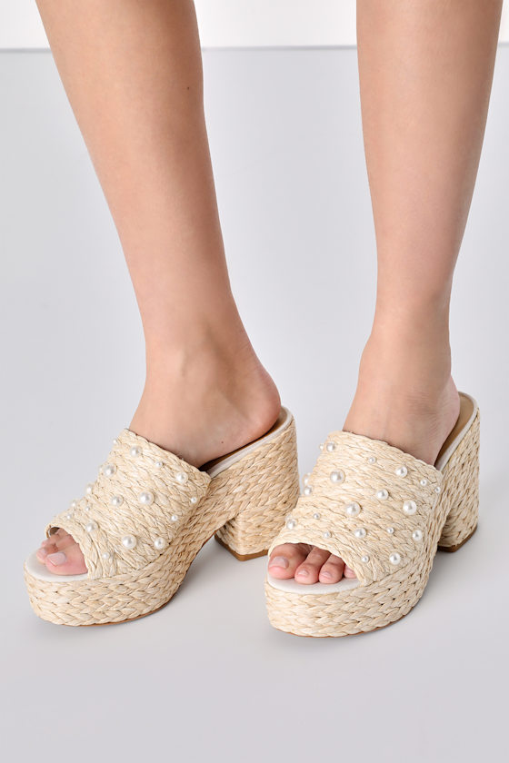 Elora Pearl Light Natural Raffia Platform Slide Sandals 2