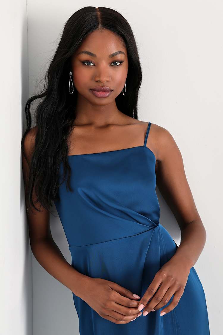 Blue Bridesmaid Dress - Blue Satin Maxi Dress - Faux-Wrap Dress - Lulus