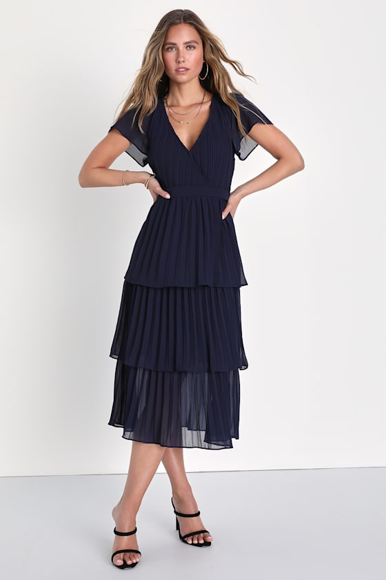 Lulus Passionate Dedication Navy Blue Pleated Tiered Midi Dress