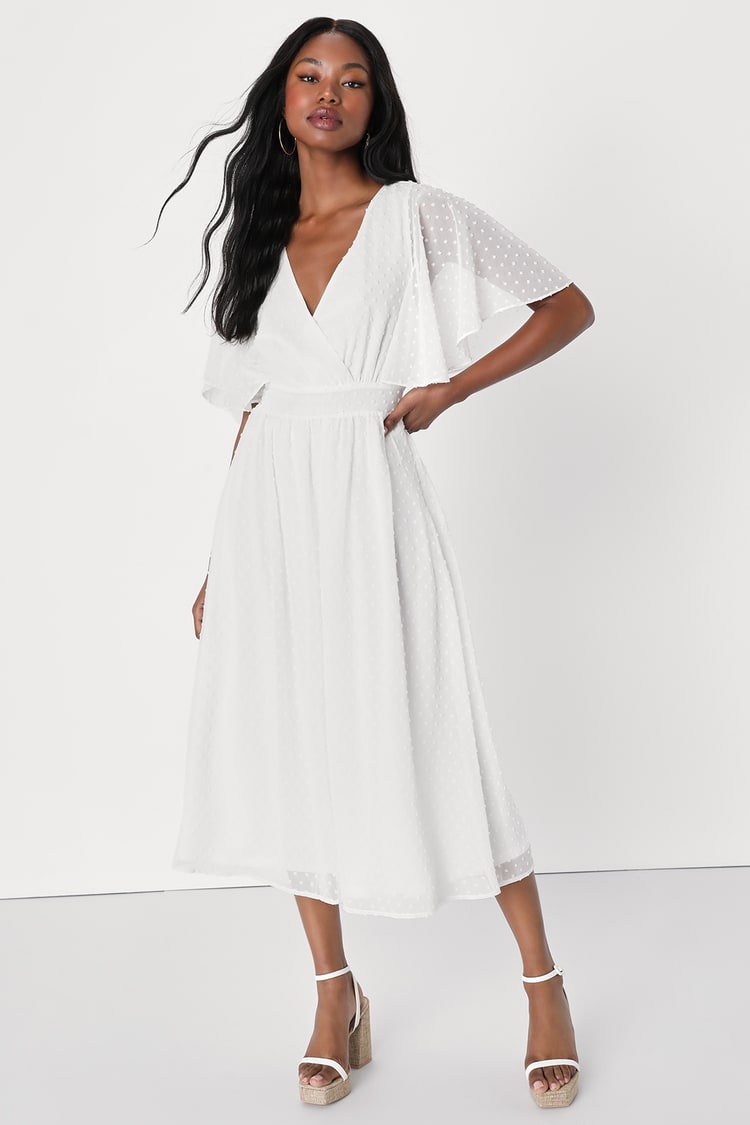White Midi Dress - Swiss Dot Midi Dress - Flutter Sleeve Dress - Lulus
