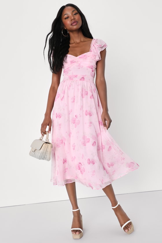 Lulus Loveliest Darling Light Pink Floral Ruffled Tie-back Midi Dress