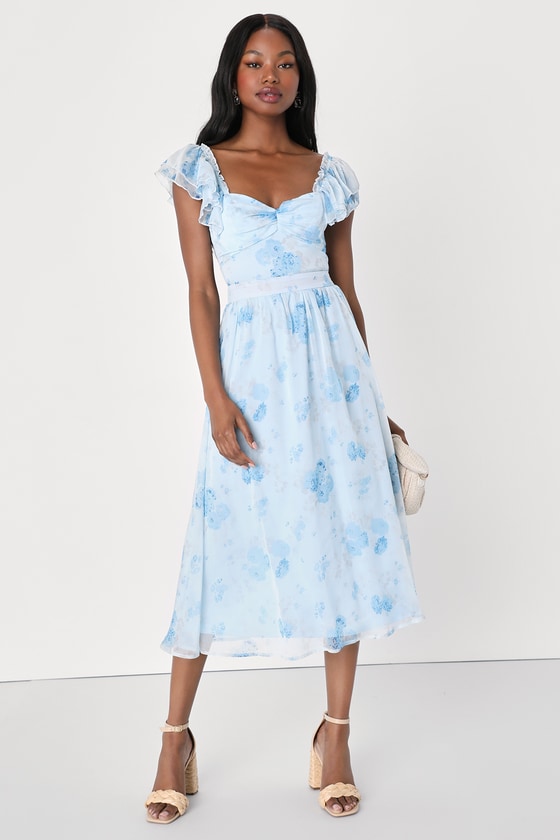 Loveliest Darling Light Blue Floral Ruffled Tie-Back Midi Dress