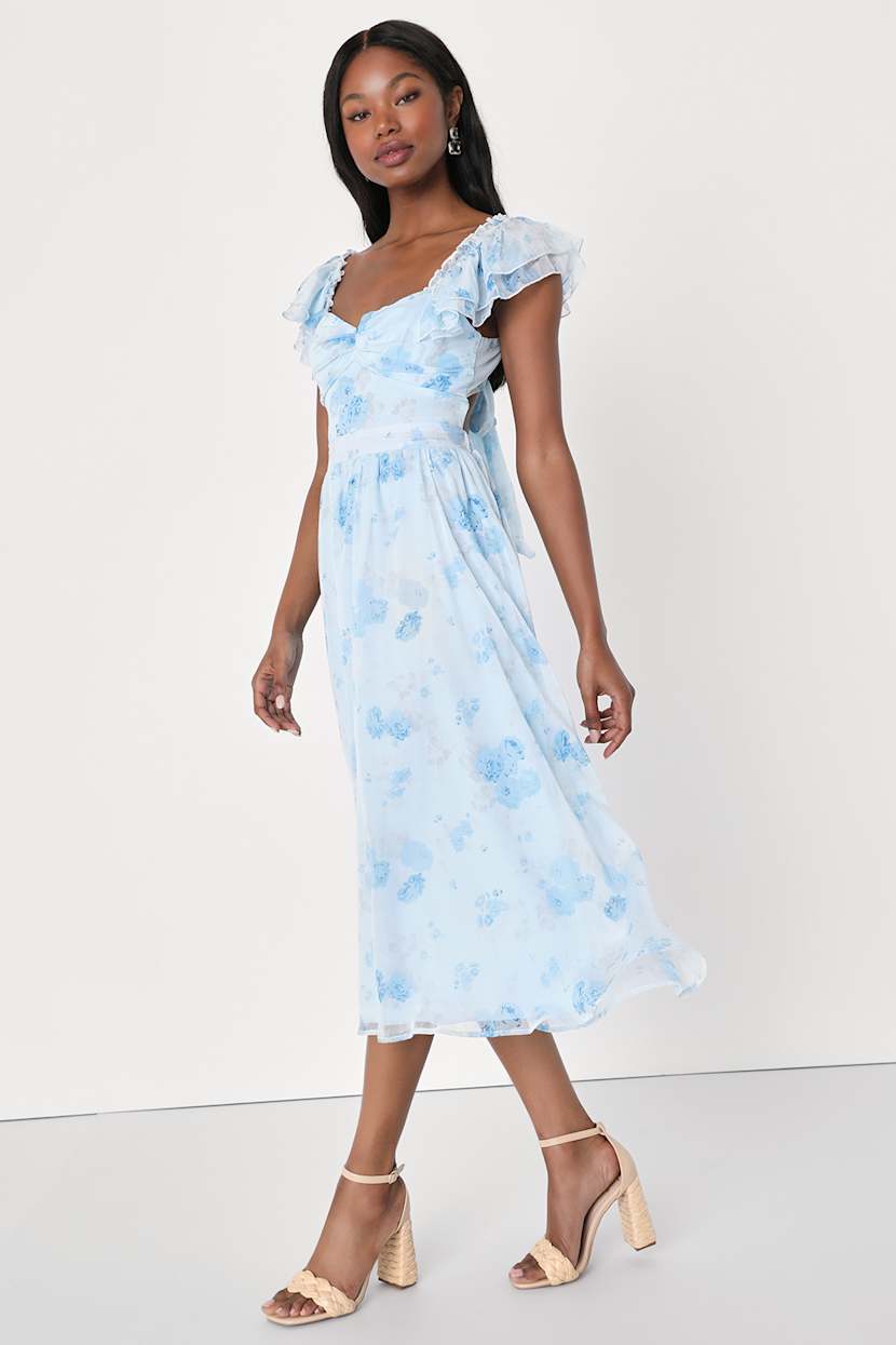 Loveliest Darling Light Green Floral Ruffled Tie-Back Midi Dress