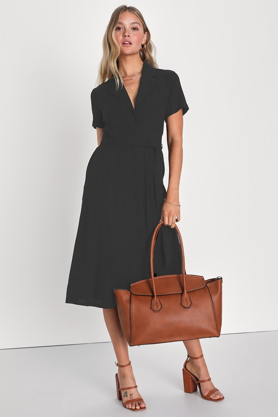 Lulus Sweet Sincerity Black Linen Button-up Midi Dress With Pockets