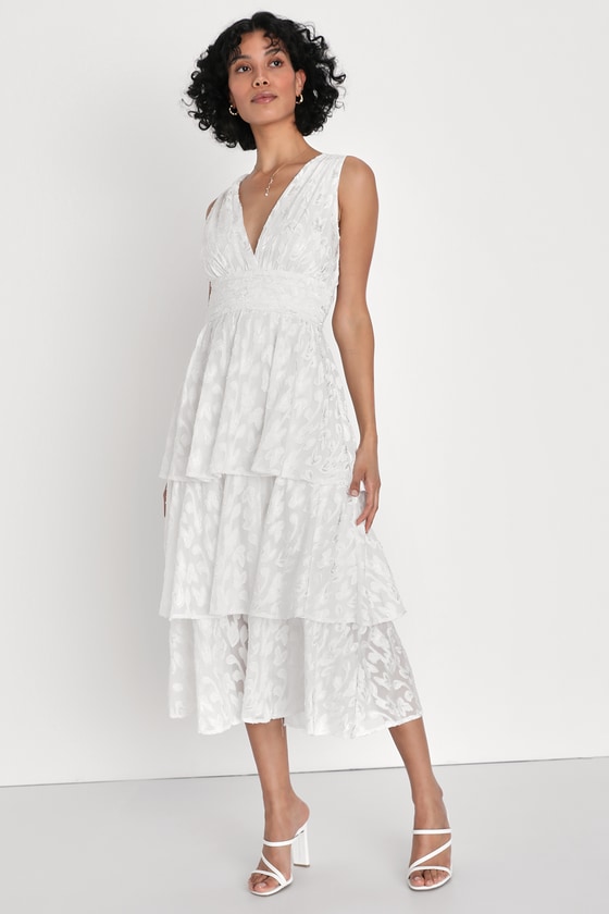 Lulus Make It Mesmerizing White Jacquard Tiered Midi Dress