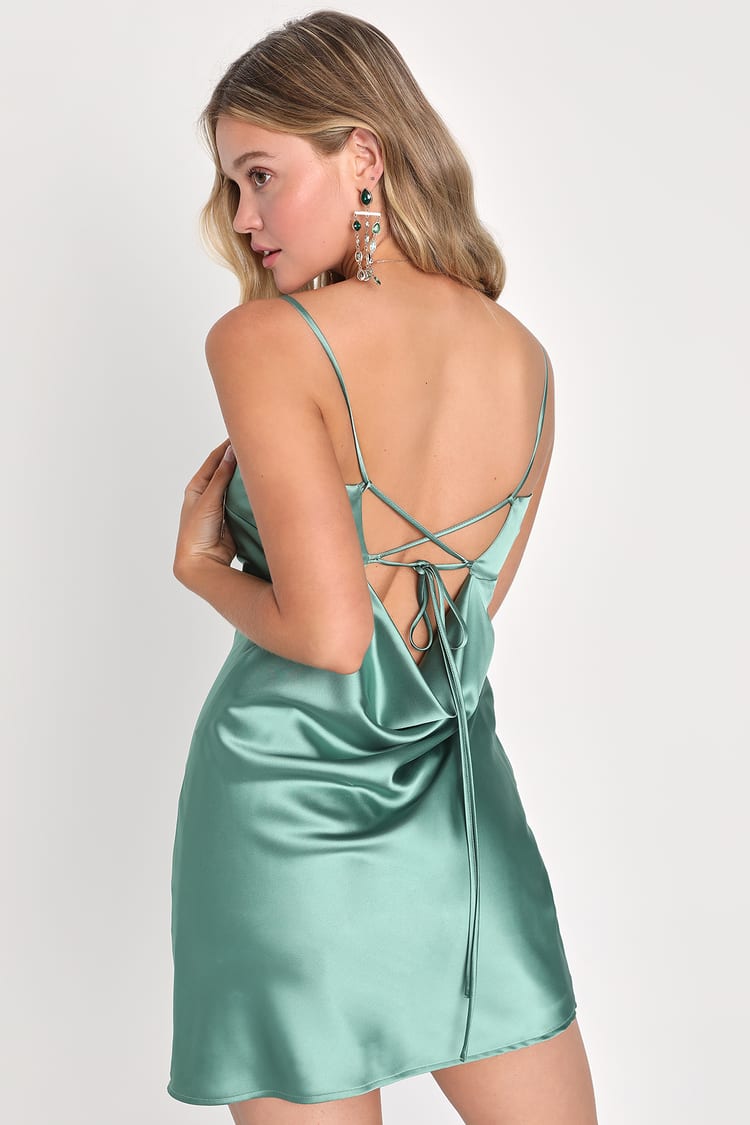 Sage Green Slip Dress - Satin Mini Slip Dress - Lace-Up Dress - Lulus