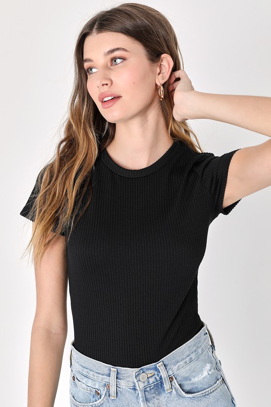 Cute Black Tee - Ribbed Knit Tee - Short Sleeve T-Shirt - Lulus