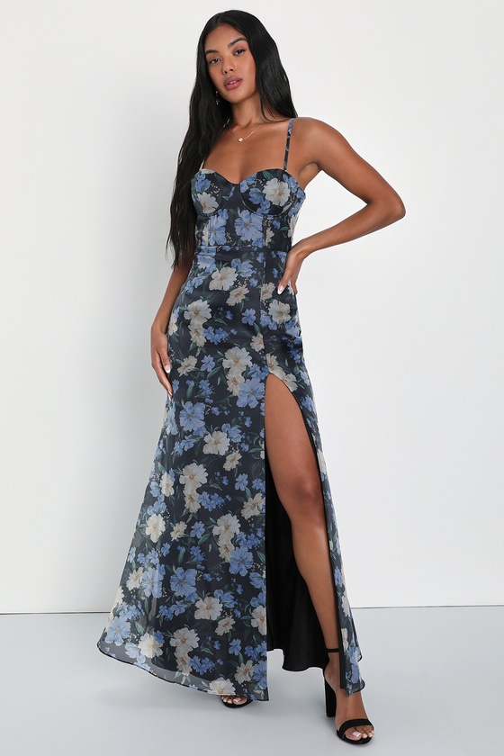 Lulus Sophisticated Sweetness Black Floral Print Bustier Maxi Dress