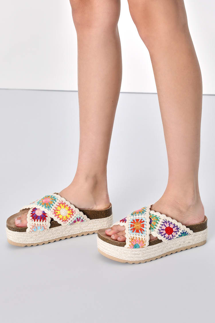 Plays Natural Multi Crochet Espadrille Flatform Slide Sandals