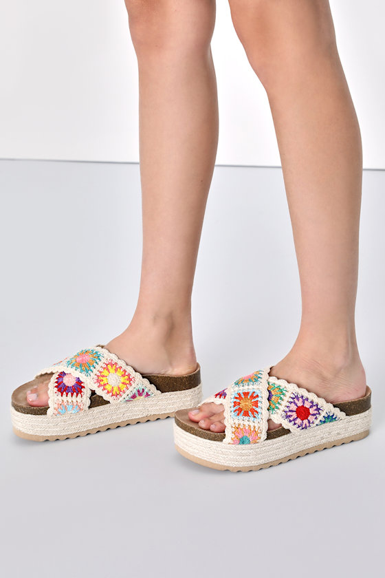 Plays Natural Multi Crochet Espadrille Flatform Slide Sandals 3