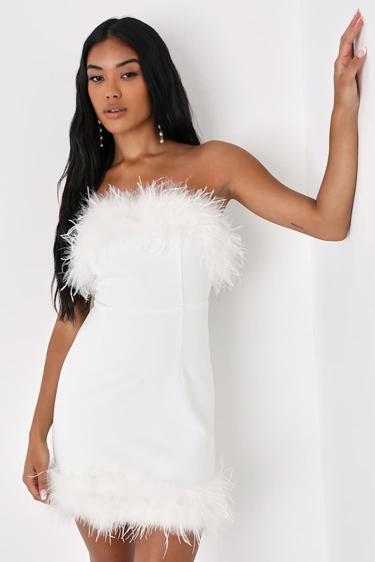 bodycon dress with feathers White Silver Beaded Feather Sheer Mini Bodycon Dress Sweetheart Neck Party
