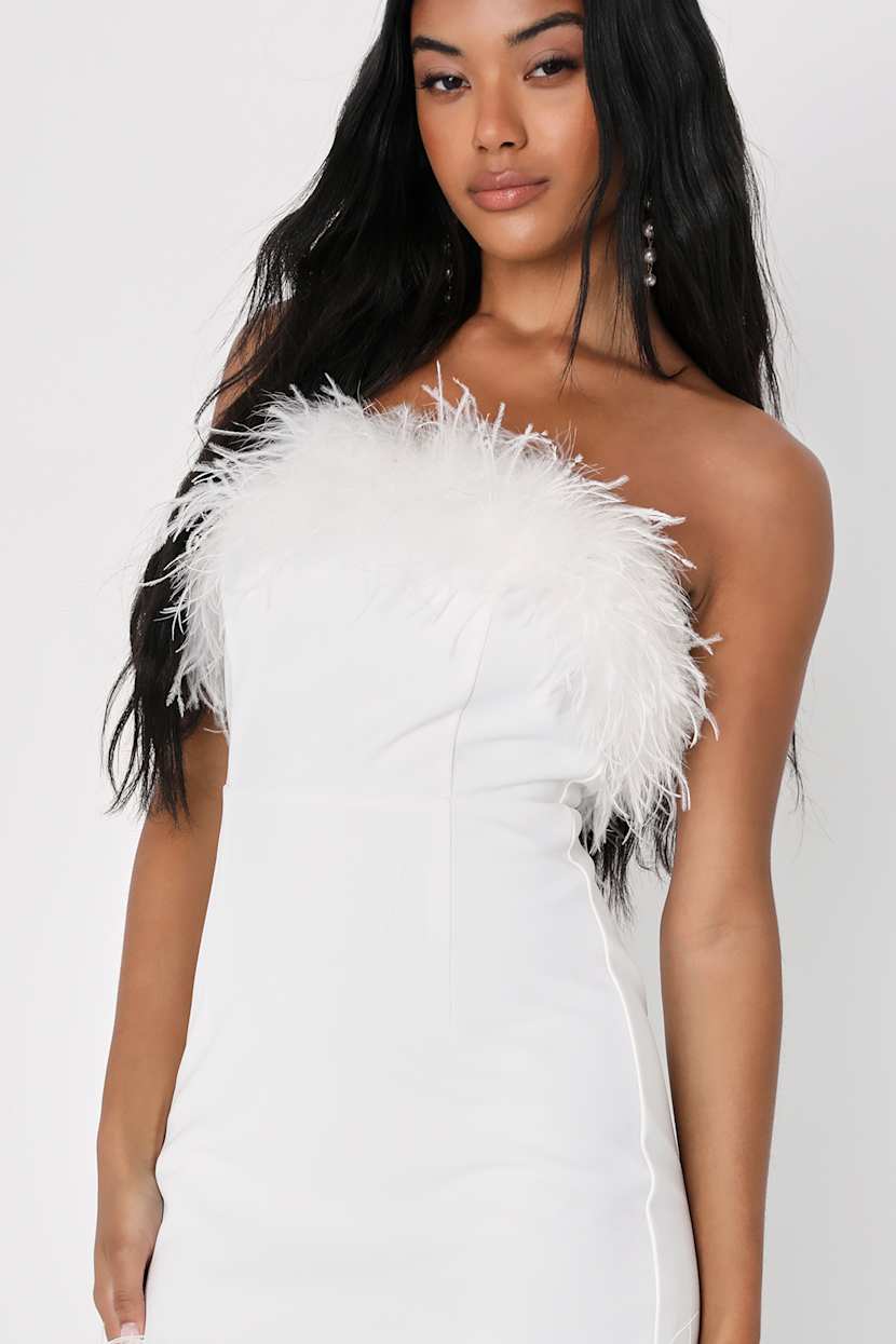 White Strapless Dress - Feather Dress - Mini Bodycon Dress