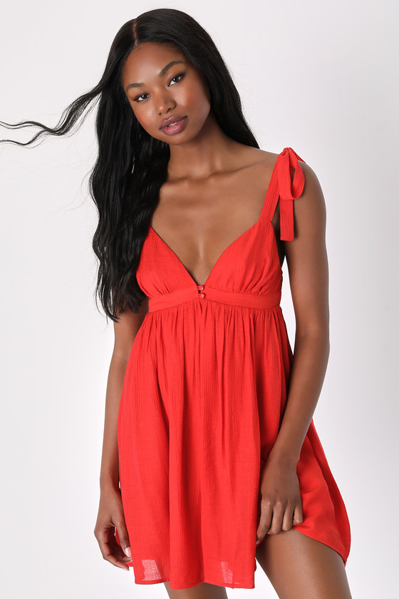 Lulus Delightfully Dainty Red Linen Tie-strap Babydoll Mini Dress