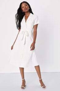 Sweet Sincerity White Linen Button-Up Midi Dress With Pockets