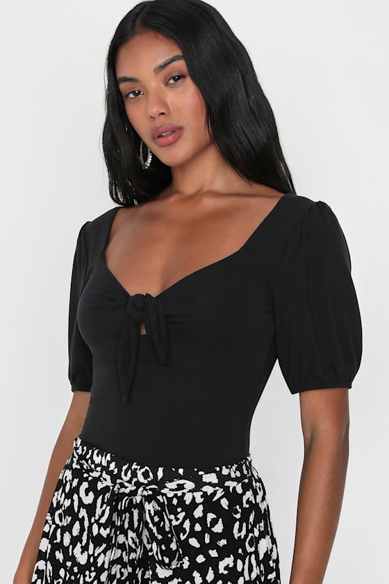 black puff sleeve tie front top