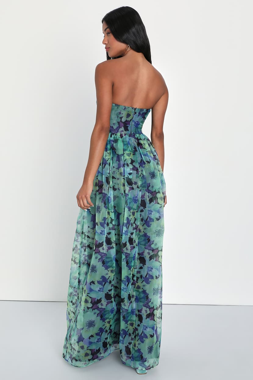 Wonderful Waltz Green Floral Print Strapless Bustier Maxi Dress