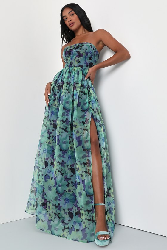 Lulus Wonderful Waltz Green Floral Print Strapless Bustier Maxi Dress