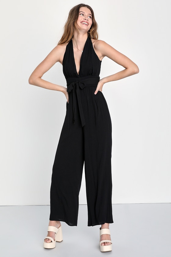 Lulus Muse Material Black Tie-front Backless Wide-leg Jumpsuit