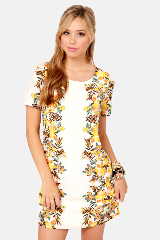 Bright Floral Print Dress Ivory Dress Short Sleeve Dress 53.00