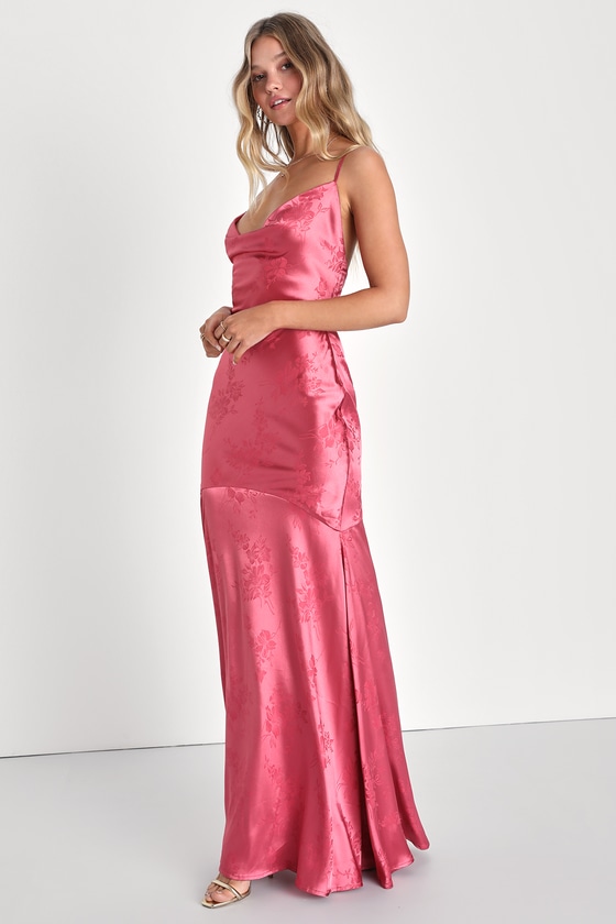 Pink Satin Jacquard Dress - Trumpet Maxi Dress - Cowl Neck