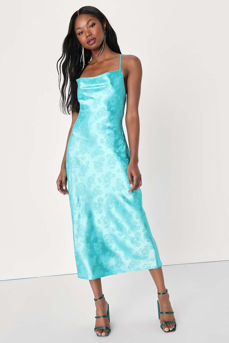 Teal Slip Dress - Midi Slip Dress - Floral Jacquard Dress - Lulus