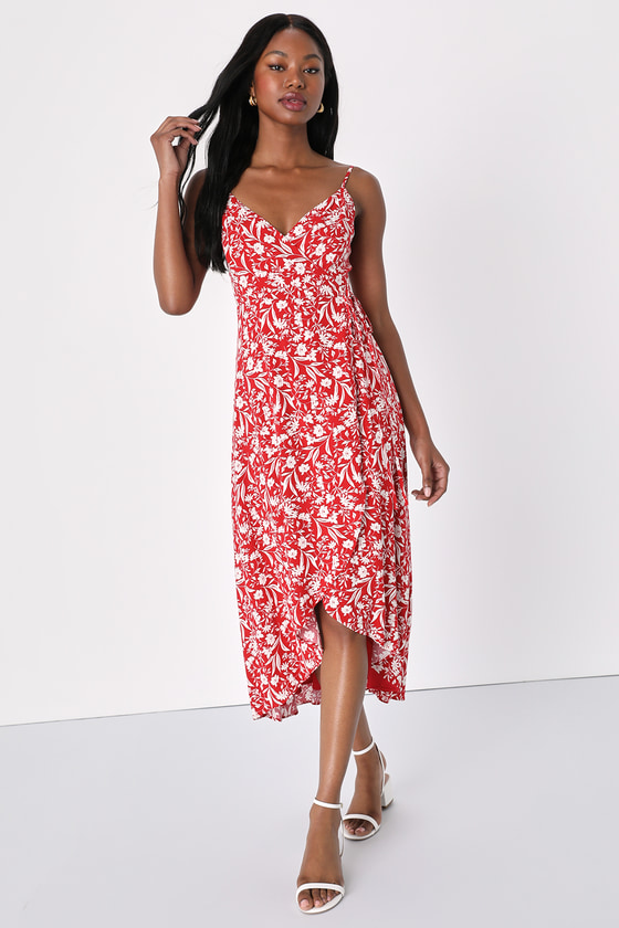 Lulus Charming Simplicity Red Floral Print High-low Wrap Dress