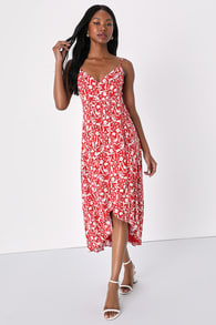 Charming Simplicity Red Floral Print High-Low Wrap Dress