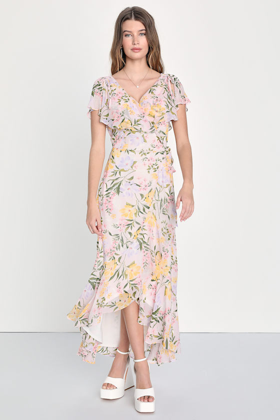 Pink Midi Floral Dress Ruffled Wrap Dress HighLow Dress Lulus