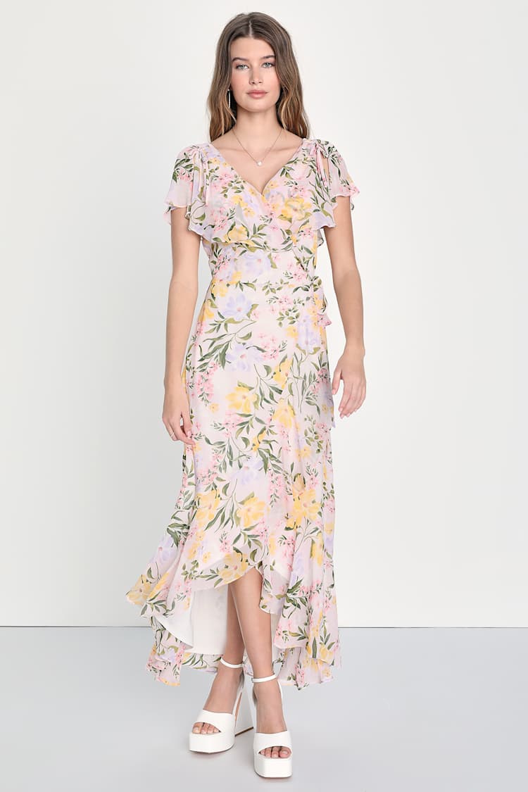 Pink Midi Floral Dress - Ruffled Wrap Dress - High-Low Dress - Lulus Pink Midi Floral Dress - Ruffled Wrap Dress - High-Low Dress - Lulus