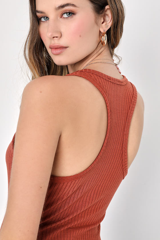 Rust Brown Ribbed Tank Top - Racerback Tank Top - V-Neck Tank Top - Lulus