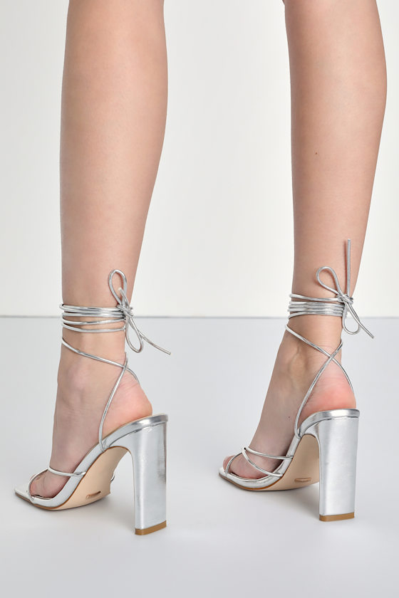 Circa Silver Metallic Strappy Lace-Up High Heel Sandals 5